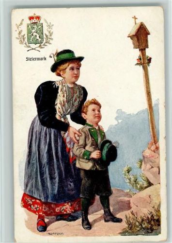 1906 B.K.W. Serie 547-19 - Wappen Steiermark- Frau mit ihrem Bub am Flurkreuz, signiert