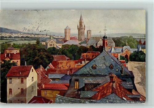 Friedberg 1915 Blick über die Dächer von Friedberg Feldpoststempel Landst.-Ersatz-Batl- Friedberg Rekruten-Depot