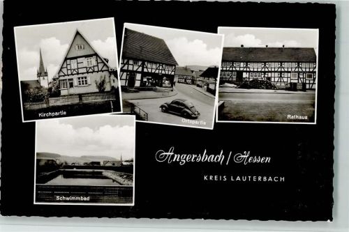 Angersbach Kirchpartie Ortspartie VW-Käfer Rathaus Fachwerkhaus Schwimmbad 4-Bildaufnahme