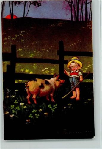 Serie 1740-2 Kind als Hirte mit einem Schwein 1927 AK