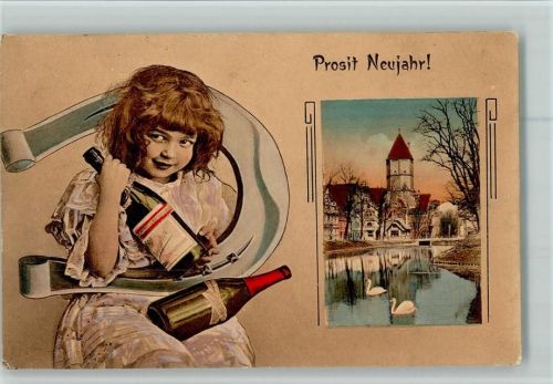 Augsburg 1915 Schöne AK Neujahr, Jugendstil - Großes Hufeisen, Mädchen mit Sektflasche, Verlag Brack , gute Erhaltung