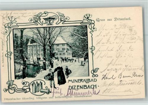 Bad Ditzenbach 1901 Jugendstil - Mineralbad im Winter - Werbung Mineralwasser