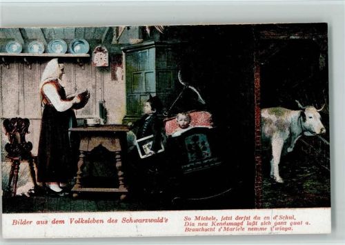 Verlag Fuchs 2038 - Mutter beim Brot schneiden, daneben die Kuh Volksleben Schwarzwald