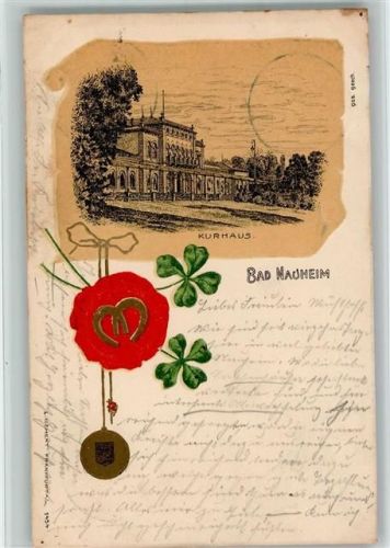 Bad Nauheim 1900 Kurhaus - Kleeblätter, Siegel mit Hufeisen AK