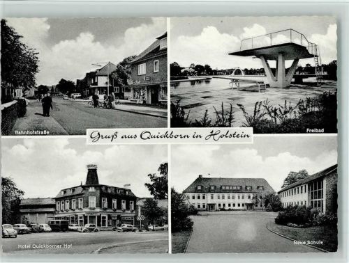 Quickborn 1964 Schwimmbad, Schule, Hotel Quickborner Hof, Bahnhofstraße, gute Erhaltung AK