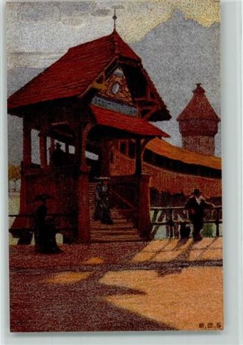 Luzern Kapellbrücke gegen den Pilatus sign Schlatter E. E.
