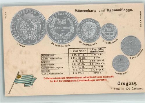 Münzenkarte und Nationalflagge, Uruguay AK
