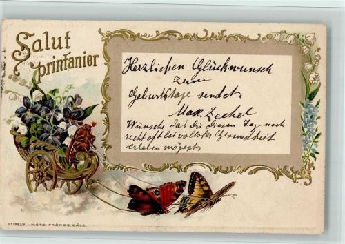 Salut prinfanier - Schmetterlinge ziehen Blumenkarren AK