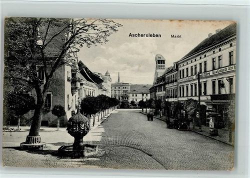 Aschersleben 1917 Markt, Litfaßsäule, Brunnen, AK