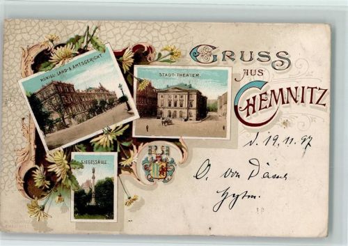 Chemnitz 1897 Königl. Land- und Amtsgericht Stadt-Theater Siegessäule 3-Bildaufnahme