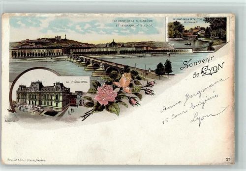 Lyon 1899 Lithographie Le Pont de la Guillotière et le Grand Hotel-Dieu Le Parc de la Tete-D'Or Le Chalet La Préfecture