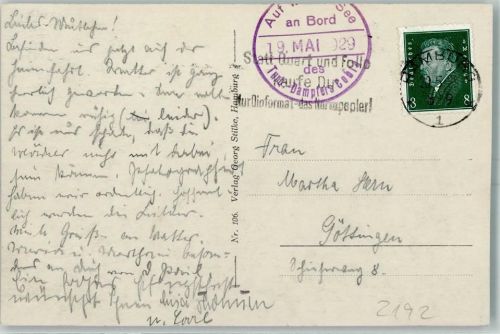 Bordstempel 19. Mai 1929 Turb. Dampfer Cobra