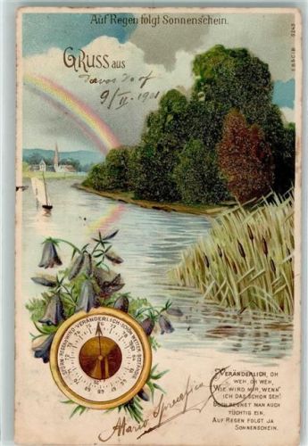 Gruss aus Auf Regen folgt Sonnenschein Barometer AK mit Glasperlenauflage Regenbogen 1901