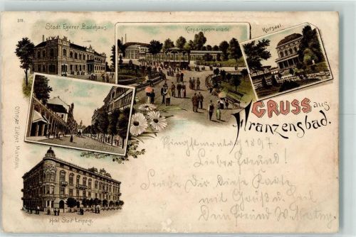 Frantiskovy Lazne 1897 Stadt Eger Badehaus Kurparkpromenade Kursaal Kirchenstraße Hotel Stadt Leipzig Blumen Lithographie