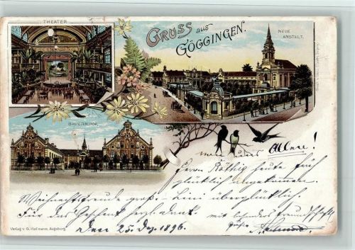 Göggingen 1896 Theater Innenaufnahme Neue Anstalt Bauernhof Schwalben 3-Bildaufnahme