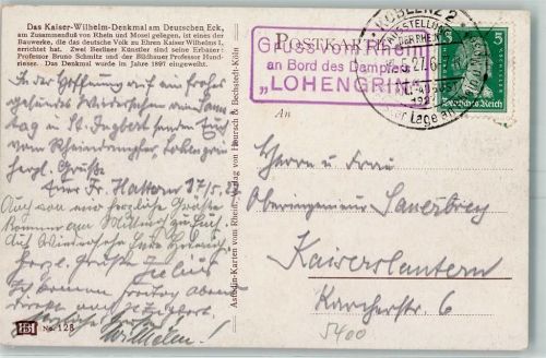 Bordstempel Dampfer Lohengrin Stempel: Koblenz 17.5.27 Ausstellung Der Rhein