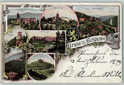 67316 W6719 Altleiningen 1899 Gebrauchsspuren Berge der Pfalz Limburg Madenburg Hardenburg Trifels Wolfsberg Maxburg Lithographie