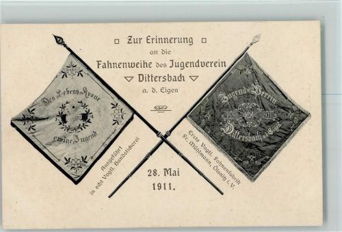 O8703 Bernstadt a. d. Eigen Ereignis - Erinnerung Fahnenweihe des Jugendvereins , sehr gute Erhaltung AK Gestickte Fahne 1911