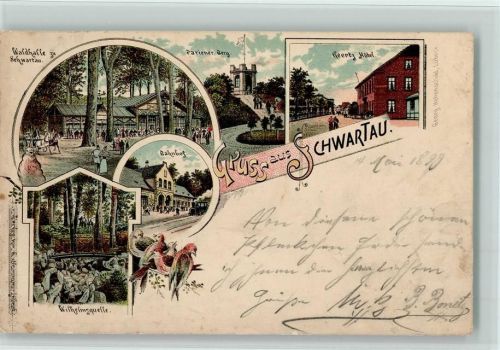 23611 W2407 Bad Schwartau 1899 Lithographie Wandelhalle zu Schwartau Pariener Berg Geertz Hotel Bahnhof Wilhelmsquelle Mehrfachaufnahme