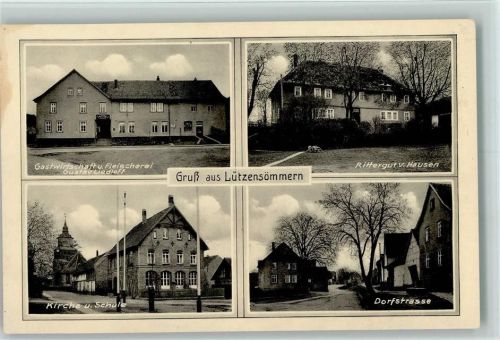Lützensömmern 1936 Mehrfachbilder, Gasthaus und Fleischerei Liedloff, Rittergut v. Hausen, Dorfstraße, Schule AK
