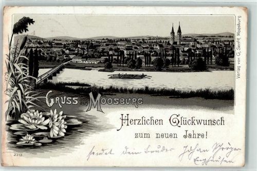 Moosburg 1899 Isar Floß Seerosen Neujahreskarte Lithographie