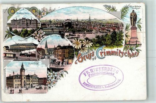 Crimmitschau 1897 Knabenschule Kaiser Wilhelm-Denkmal Realschule Kirche Bahnhof Rathaus Lithographie