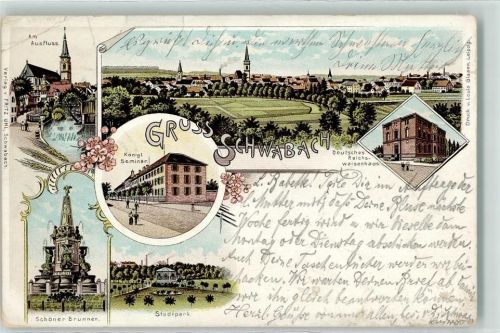 Schwabach 1901 Kgl. Seminar Schöner Brunnen Stadtpark Pavillion Deut. Reichswaisenhaus Lithographie