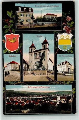 Stetten Kirche St. Vincenzhaus Bahnhof Schulhaus Wappen Taube Rosenzweig