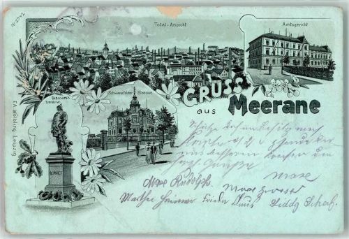 Meerane 1900 Bismarck-Denkmal Schwanefelder-Straße Amtsgericht Lithographie