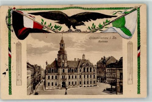 Crimmitschau 1915 Rathaus Fahne Schwarz-Weiß-Rot u. Grün Weiß Adler