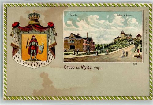 Mylau Schule Kaiserschloß Wappen Passepartout Litho
