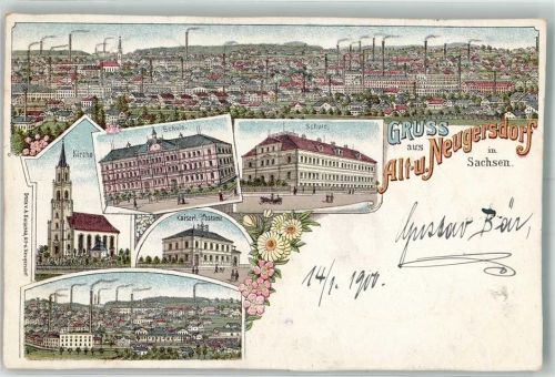 Neugersdorf 1900 Schule Kaiserl. Postamt Kirche Lithographie Beschnitten