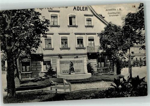 Achern 1916 Hotel Adler Jubiläumsbrunnen Ruhebank