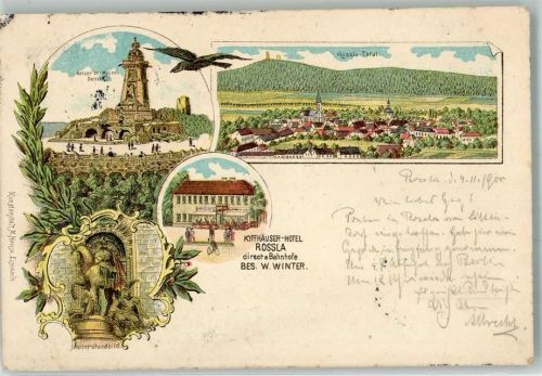 Roßla 1900 Lithographie Kaiser Wilhelm Denkmal Kyffhäuser Hotel Reiterstandbild
