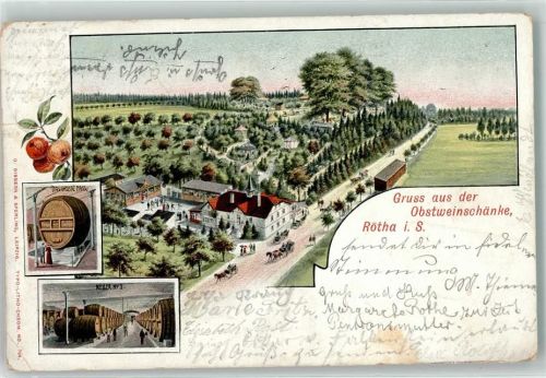 Rötha 1902 Gruss aus der Obstweinschänke Das grosse Fass Keller Kutsche