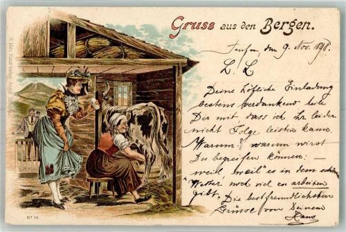 Tourist auf der Alm, Kuh melken Gruss aus bei Nacht 1898 Lithographie