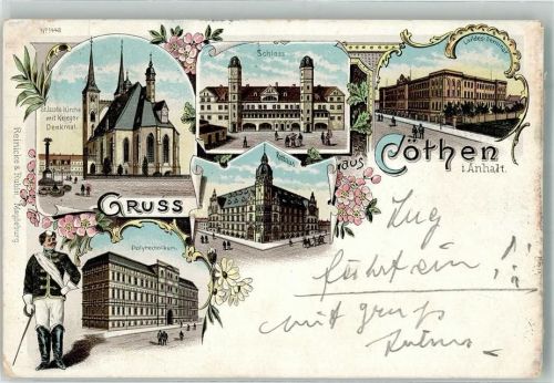 16259 O1311 Cöthen 1897 Lithographie St. Jakobs-Kirche Polytechnilum Corpsstudent Rathaus Schloß Cöthen