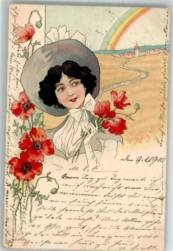 Jugendstil Lithographie Frau mit Mohnblumen Regenbogen 1900 Gebrauchsspuren