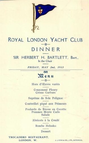 Royal London Yacht Club Dinner Menu 1913