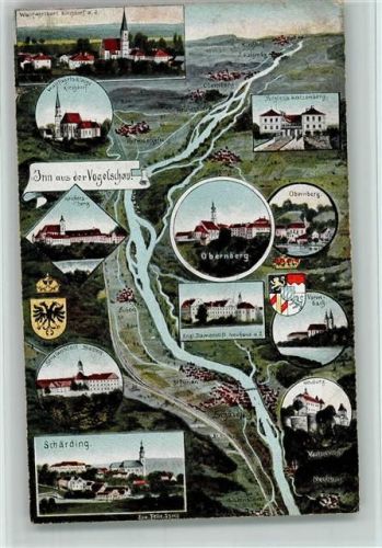Obernberg Inn aus der Vogelschau, Wappen ,86054 sign Eug. Felle