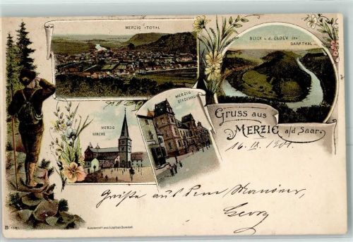 Merzig 1901 Blick von der Cloev ins Saarthal Kirche Stadthaus