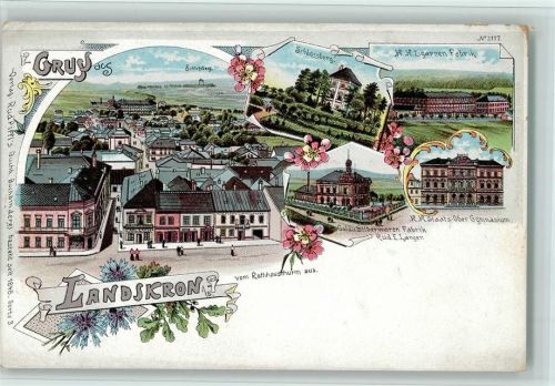 Lanskroun Landskron 1898 Lithographie Gruss aus - Silberwarenfabrik Langer, Schlossberg, Zigarrenfabrik, AK Eckknick