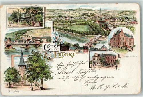 Eitorf Schützenburg Schöne Aussicht Marktplatz Krankenhaus Lithographie