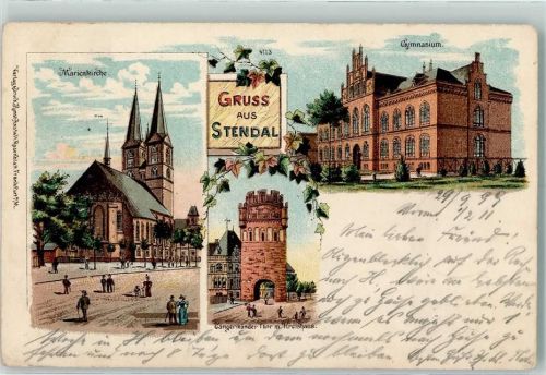39576 O3500 Stendal 1899 Lithographie Marienkirche Gymnasium Tangermünder Tor mit Kreishaus