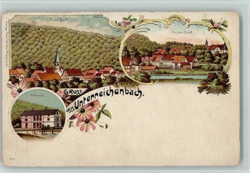 Unterreichenbach 1898 Gruss aus - Bahnhof, Unterdorf AK