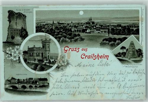 Crailsheim 1899 Ruine v. Kloster Anhause Pyramide auf der Wilhelmshöhe Jagstbrücke
