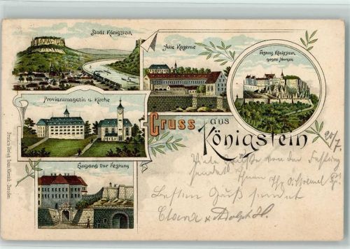 Königstein Ortsansicht Proviantmagazin und Kirche Eingang zur Festung Alte Kaserne Festung Königstein gegen Morgen