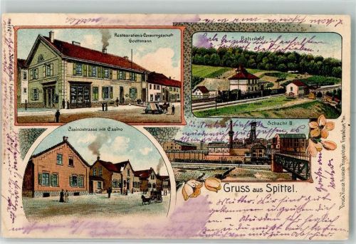 L'Hopital 1908 Spittel Gasthaus Consumgesellschaft Goettmann Casinostraße Casino Schacht II Bahnhof Lithographie