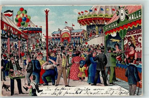 Gruss aus Karussell Schiesshalle Luftballons Verlag S. Stern Jahrmarkt 1910 Lithographie
