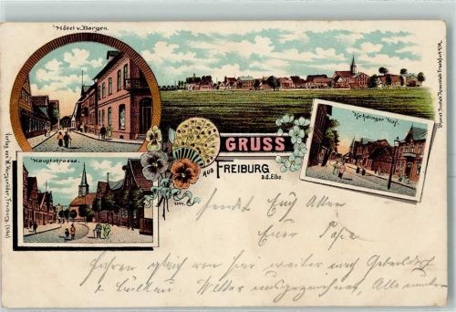 21729 W2163 Freiburg (Elbe) 1898 Lithographie Hotel v. Bargen Hauptstraße Kehdinger Hof